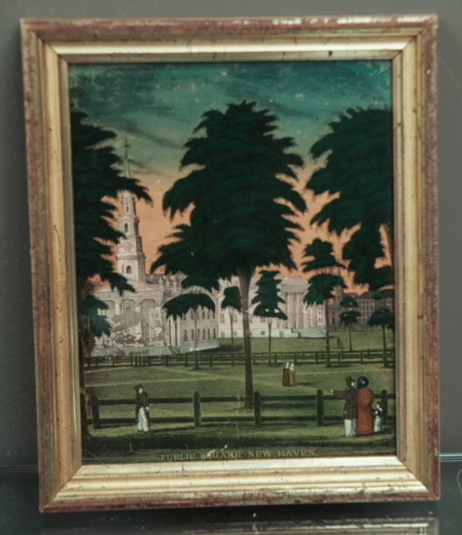 19th C Print On Glass In Lemon Gold Frame: Framed 19th. C. Print On Glass. "Public Square, New Haven". 11.5 x 9.5 inches in size. overall good condition.