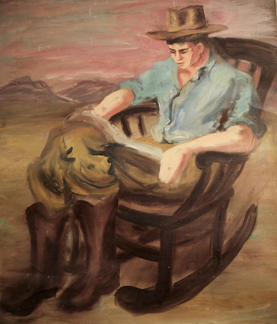 Young Man In Chair OOC By Alzira Peirce 31x26: OOC. Young Man Reading A Book Outside In Rocking Chair By Alzira Peirce. Mountains In Background. Has No Stretcher. Peirce: Artist, Political Activist, World War 2 Veteran, Radio Announcer. 1908-2010 