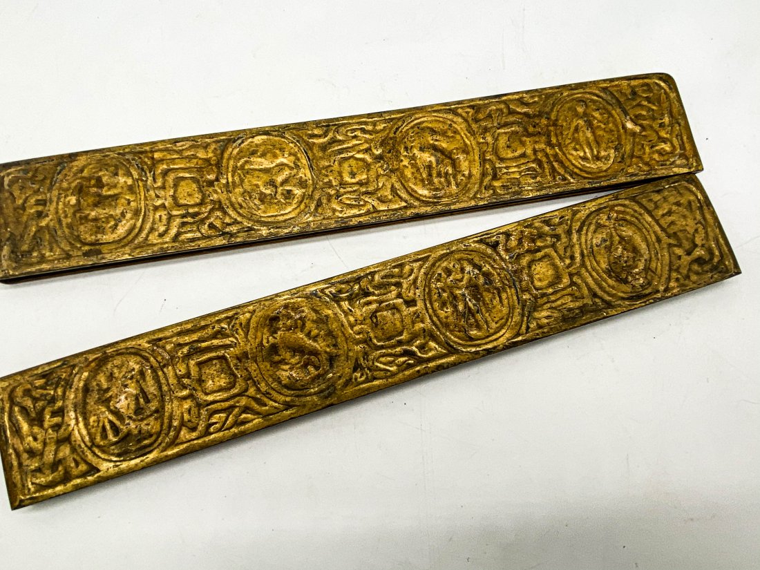 Tiffany Studios, N.Y. Gilt Bronze Desk Blotter Pad Ends: Tiffany Studios, N.Y. Pair Of Gilt Bronze Venetian Desk Blotter Pad Ends.