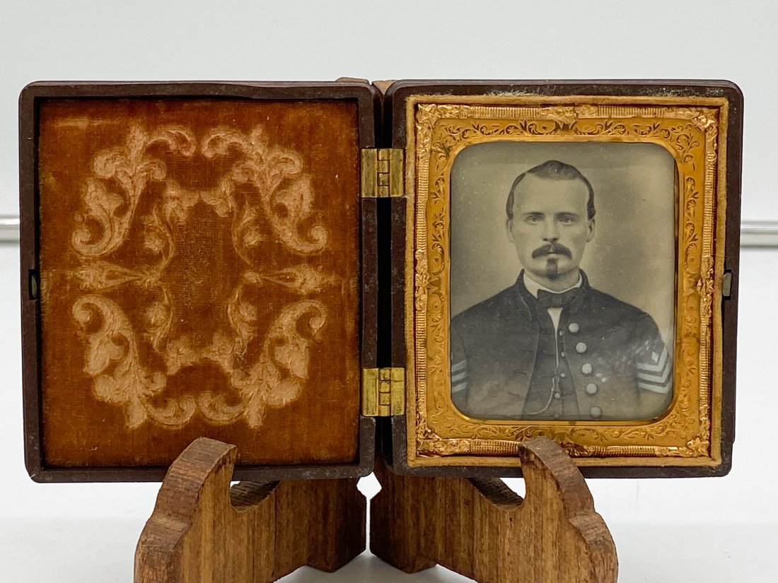 Tintype Of Civil War Officer M.E. Sgt. w/ I.D. Papers: Tintype Of Handsome Soldier, Alvin G. Ames, Sgt. Of 2nd. Maine Infantry. Resident Of Castine, Maine. Died From Wounds In 1864 Civil War. 3 1/4 Inches x 3 3/4 Inches x 3/4 Inches. In Full Case Comes Wi
