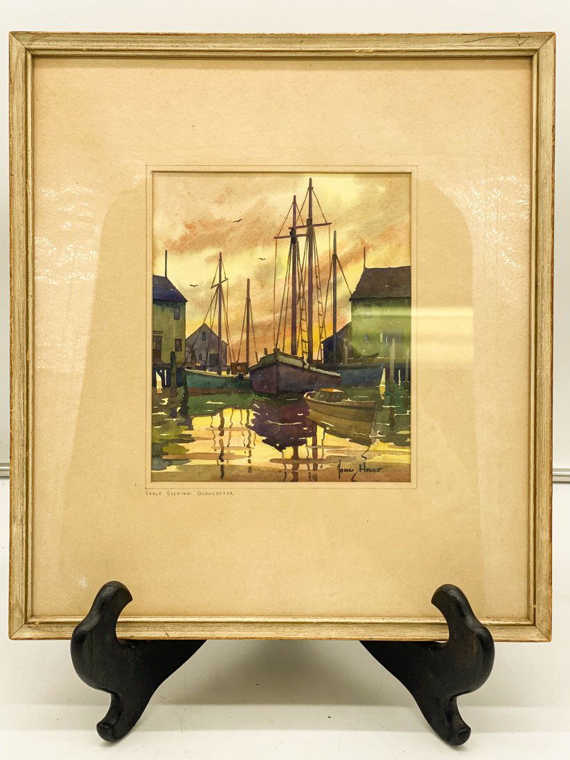 John Cuthbert Hare Framed Orignal Watercolor: John Cuthbert Hare Framed Original Watercolor. "Early Evening, Gloucester". 1908-1978. A Watercolorist Who Painted Boats, Seascapes & Harbor Scenes Associated With New England. In Frame: 15 Inches x 1