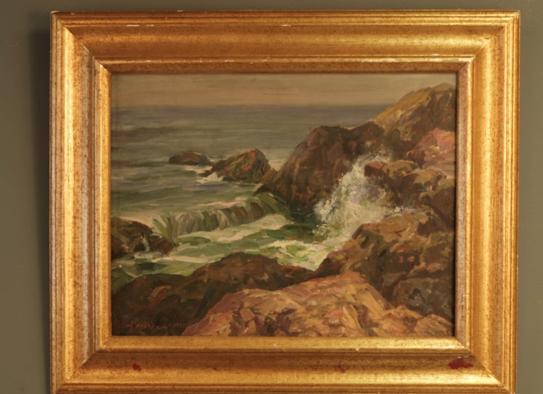 Meyer Matzkin OOC: Framed Seascape, 1935. Waves Crashing Against Rocks By Meyer Matzkin. OOC. In Frame: 24 Inches x 18 1/2 Inches x 1 1/2 Inches. Painting Without Frame: 18 Inches x 14 Inches.