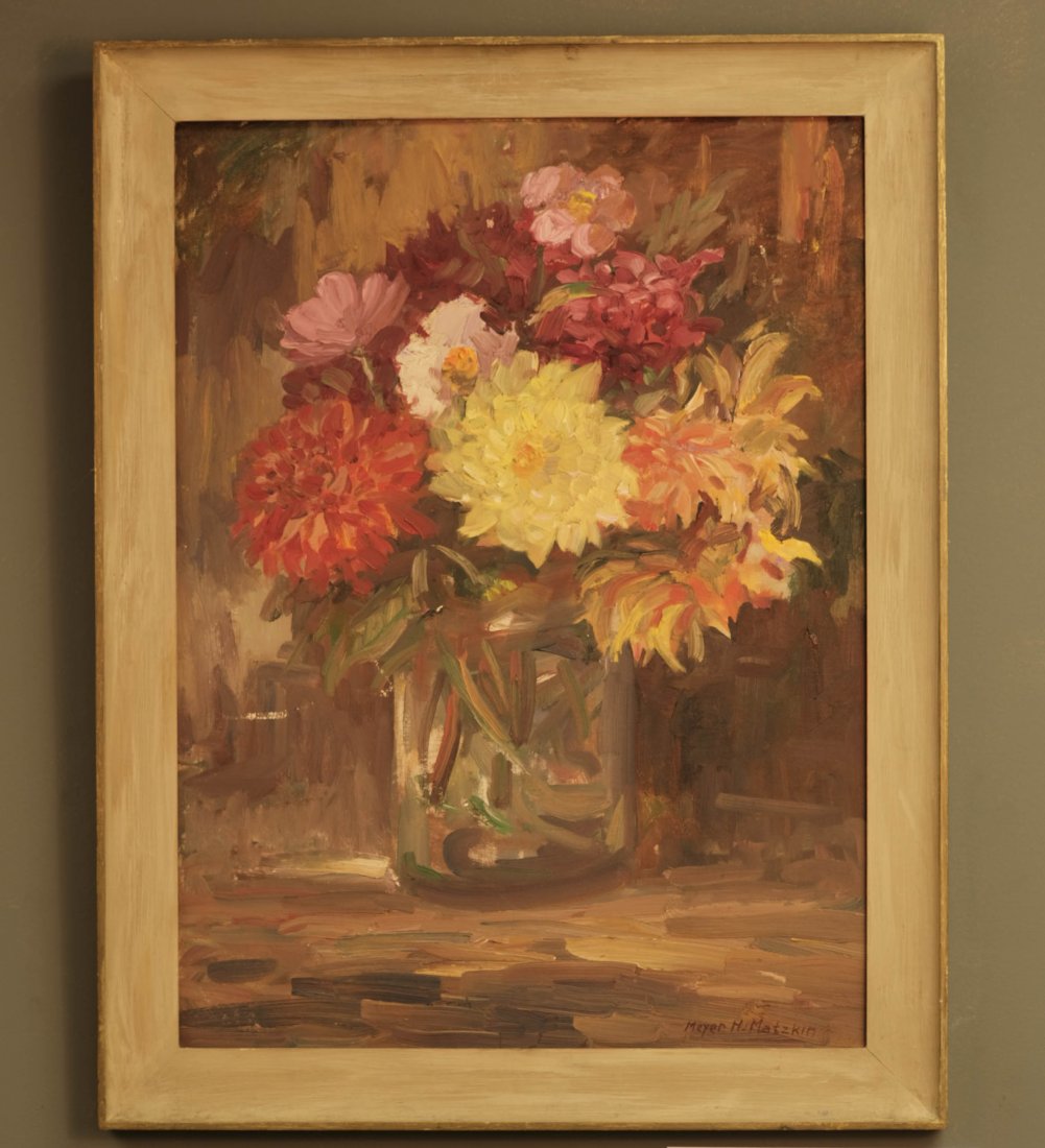 Dahlias By Meyer H. Matzkin: Framed OOB, Boston. "Dahlias" By Meyer H. Matzkin. Painting: 24 Inches x 18 Inches. In Frame: 27 5/8 Inches x 21 5/8 Inches.