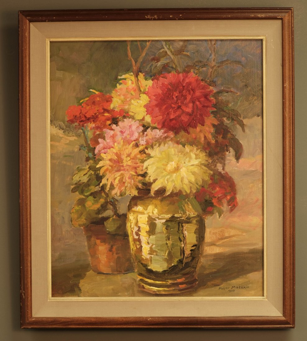Meyer Matzkin: Framed OOC. Still Life Of Flowers, Meyer Matzkin, 1969. In Frame:25 Inches x 29 Inches x 1.5 Inches. OOC: 19.5 Inches x 23.5 Inches.
