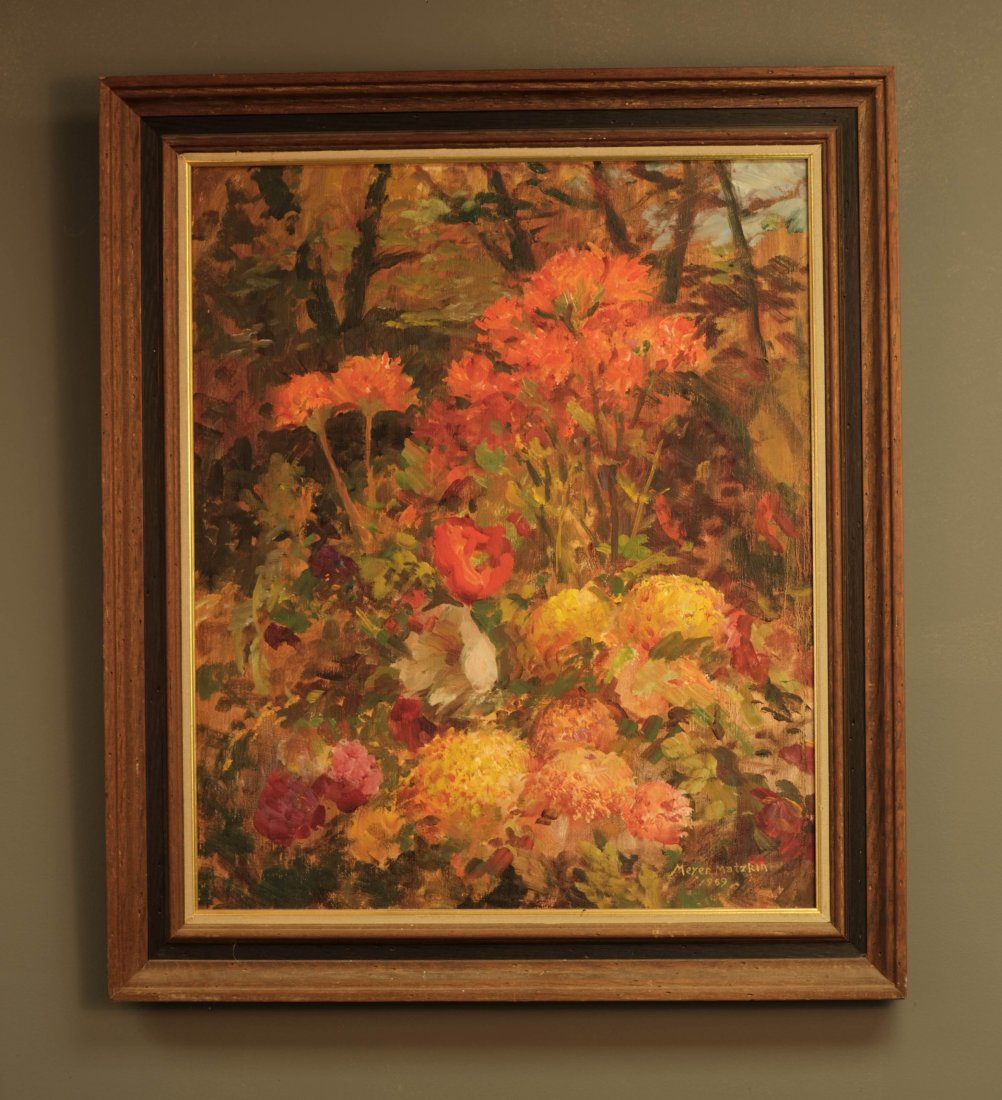 Meyer Matzkin OOB 1969 - "Orange Flowers" 16 x 20: Orange Flowers By Meyer Matzkin. OOB/1969. 16 x 20 inches in size. Good condition. Framed.