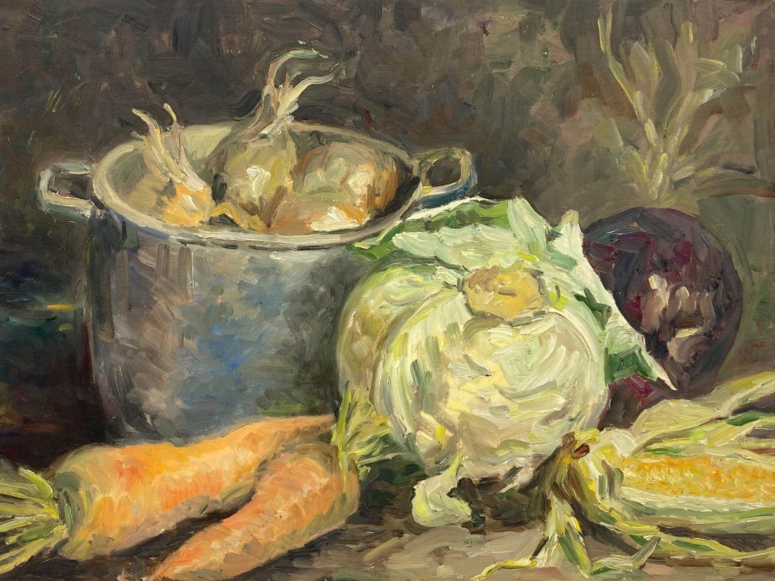OOB Still Life By Evelyn Matzkin/1961: Still Life Of Vegetables In Large Soup Pot, Carrots & Cabbage. "Done On The Day Of A Big Snow Storm." February 4, 1961.