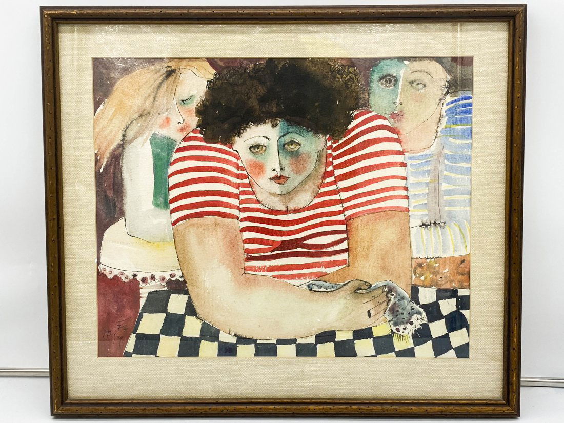 Framed Watercolor Painting- Croatian Artist Maria Jug.: Framed Watercolor By Croatian Artist, Maria Jug. Watercolor Of Dark, Short Haired Woman With Rosy Cheeks, Wearing Red & White Striped Shirt. She Is Leaning Over Black & White Checked Table. 2 People B