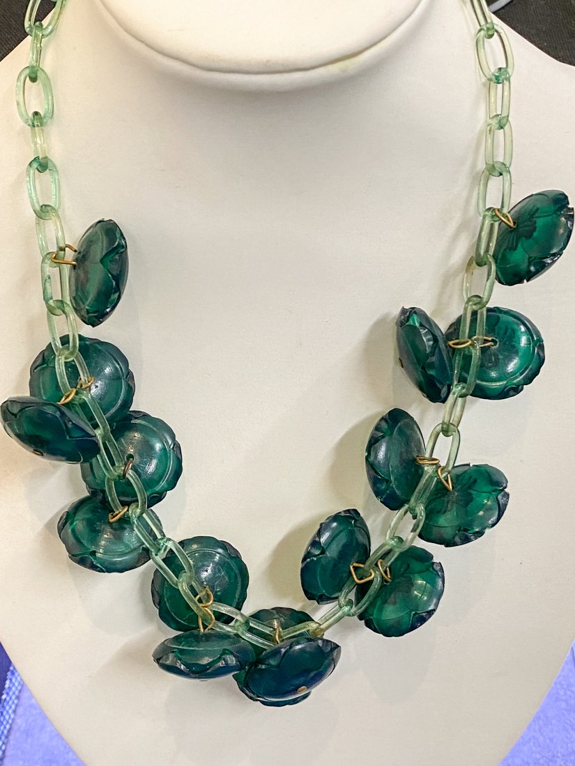 Circa 1930\'s Green Bakelite Necklace On Green (1 of 5)