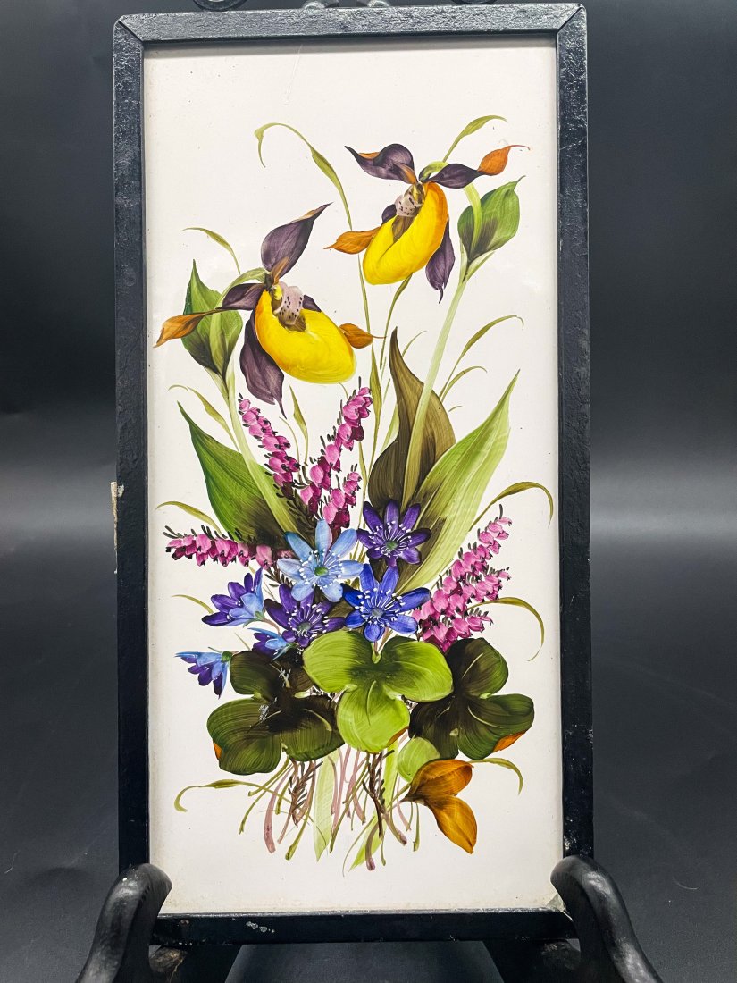 Vintage Framed, Hanging Botanical Hand Painted Tile/Servais Ceramic/Germany (1 of 4)