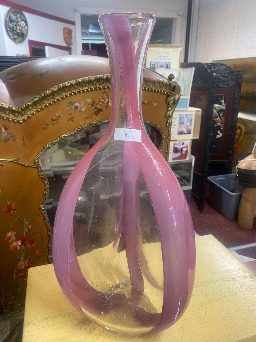 Monumental MCM Art Glass Pink Striped Vase (1 of 5)
