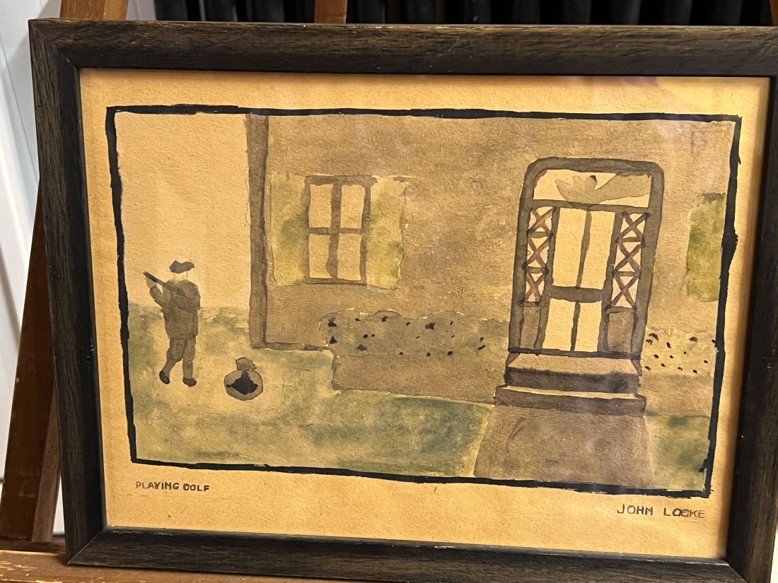 Framed Abstract Watercolor Painting "Playing Golf " By J. Locke: Framed Abstract Watercolor Painting titled "Playing Golf" By John Locke. The painting is tonal with a matching natural wood frame, showing a man standing guard outside of a house.
