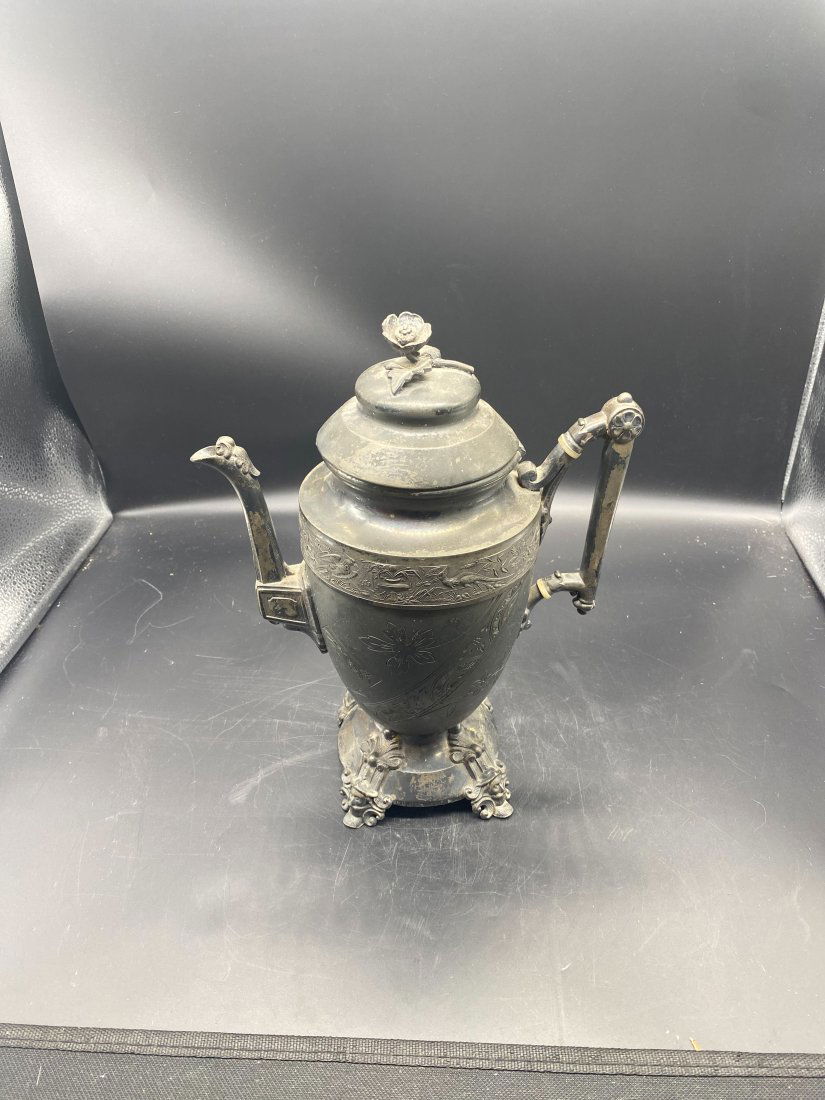 Antique Silver Quadroplated Floral White Metal Coffee Pot (1 of 20)