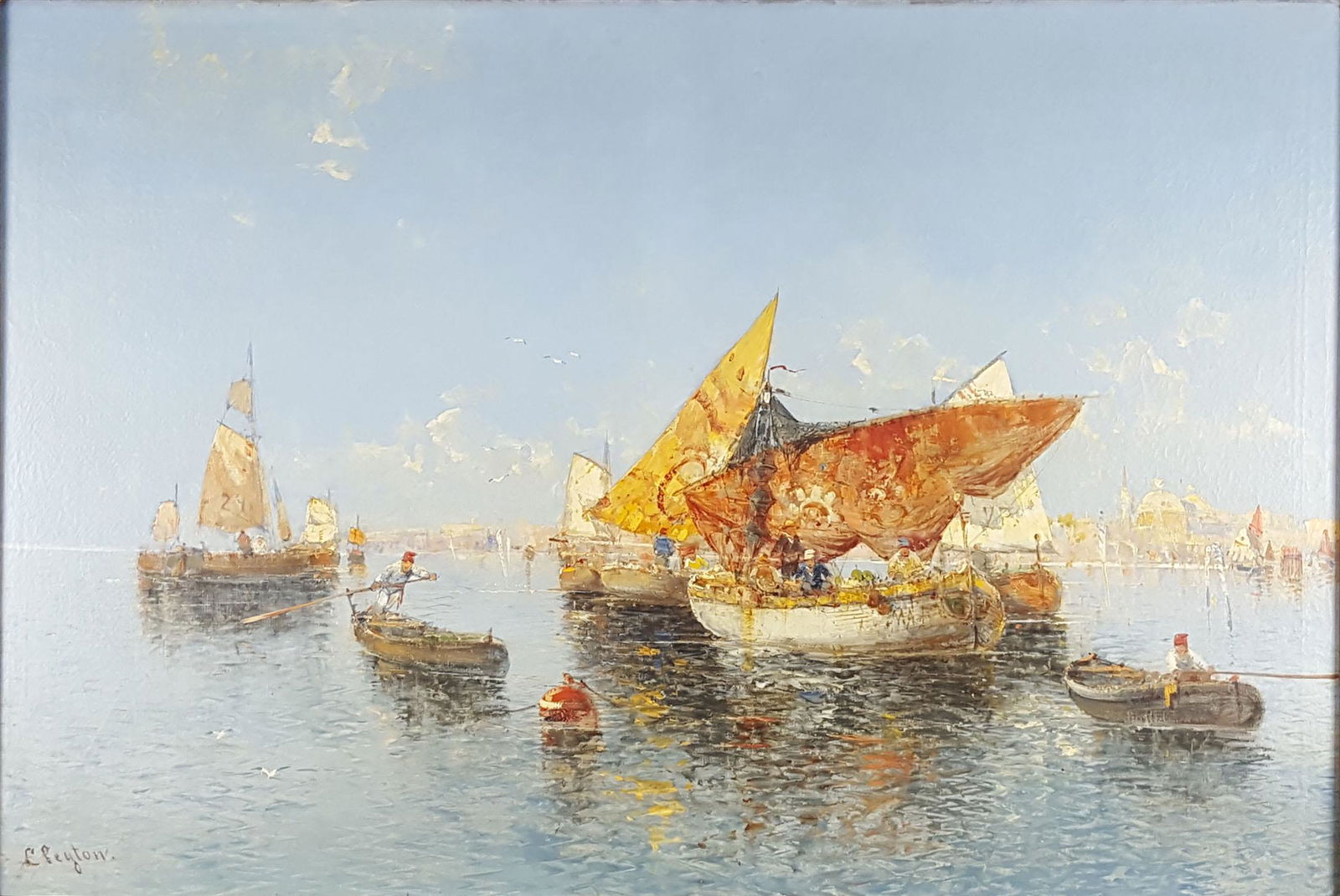 INDISTINCTLY SIGNED (XIX). Sailing boats in the Venice: 91 cm x 64 cm. Painting, oil on canvas. Signed lower left. Badge "Cleyton", perhaps Karl Kaufmann. German Desription: UNDEUTLICH SIGNIERT (XIX). Segelboote in der Lagune von Venedig. 91 cm x 64 cm. Ge