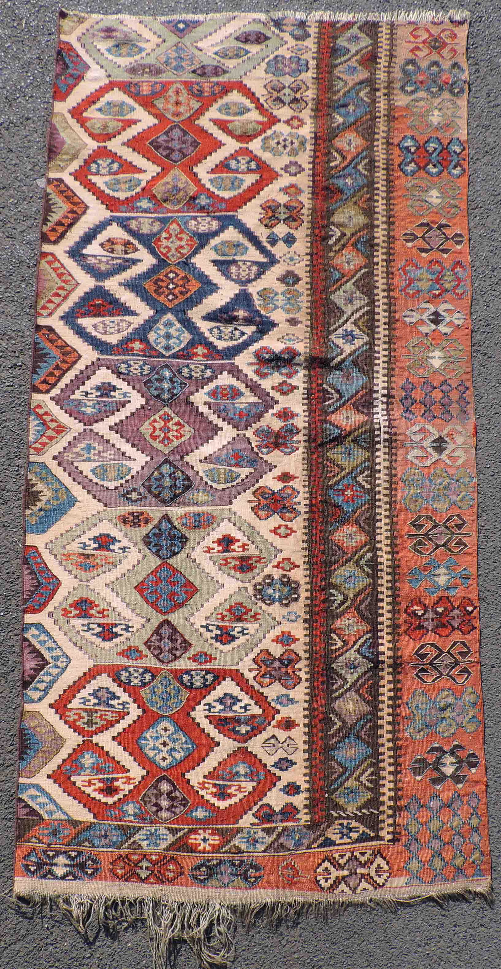 Kilim fragment. Anatolia. Turkey. Antique, 19th: 201 cm x 81 cm. Handwoven. Wool on wool. Probably natural colors. German Desription: Kelim Fragment. Anatolien. Türkei. Antik, 19. Jahrhundert. 201 cm x 81 cm. Handgewebt. Wolle auf Wolle. Wohl N