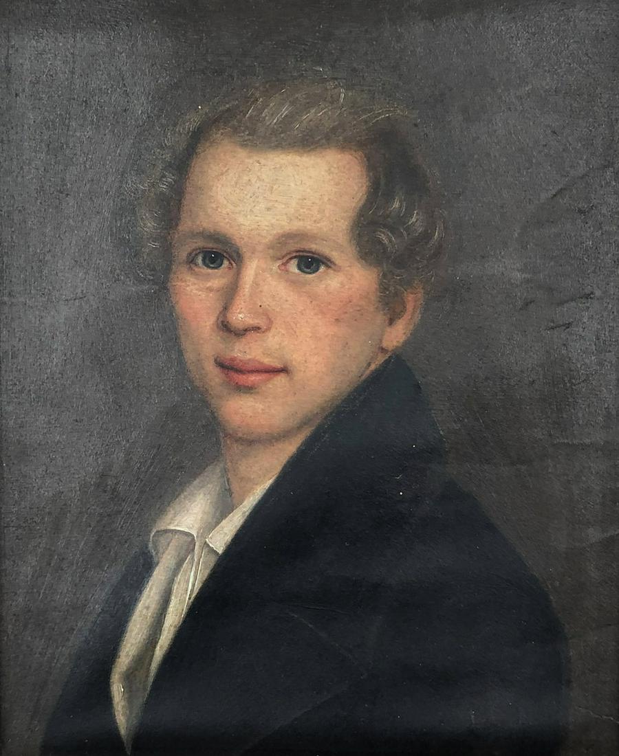 UNSIGNED (XVIII - XIX). Half portrait of a young man.: 25 cm x 21 cm. Painting. Oil on paper / vellum? German Description: UNSIGNIERT (XVIII - XIX). Halbportrait eines jungen Mannes. 25 cm x 21 cm. Gemälde. Öl auf Papier / Pergament? Portraithafte Darst