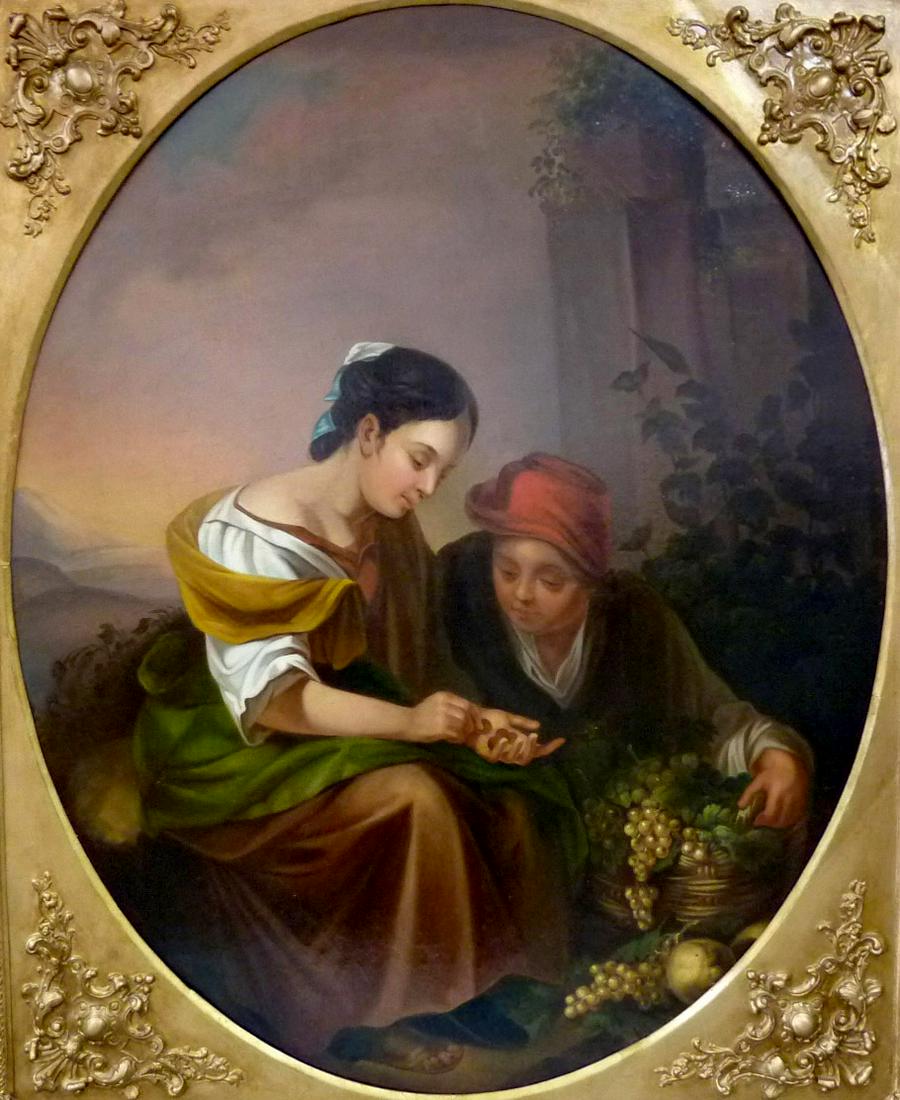 After Bartolomé Esteban MURILLO (XIX). The Little Fruit: 97 cm x 80 cm oval. Painting. Oil on canvas laid down on canvas. Based on the original from 1670 - 1675, which is in the Alte Pinakothek in Munich. German Description: Nach Bartolomé Esteban MURILLO 