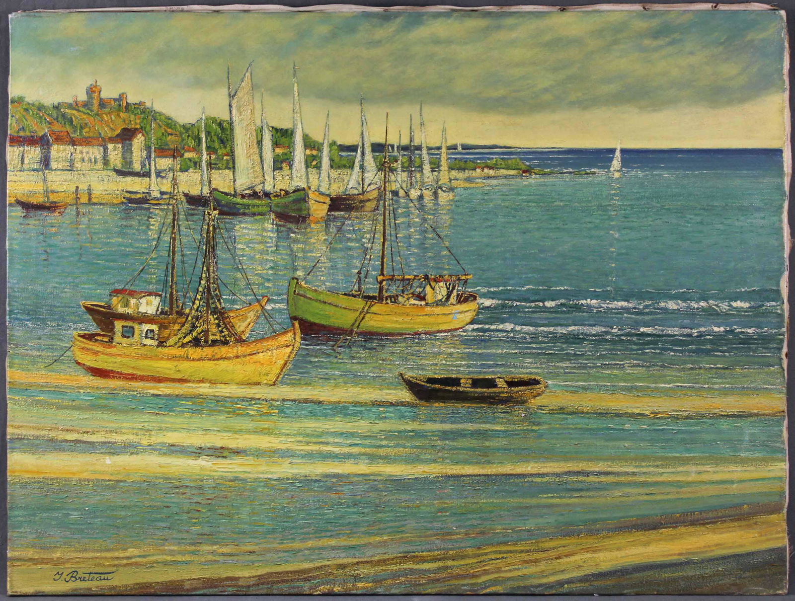 J. BRETEAU (XX). Port in Normandy, France. Atlantic.: 62 cm x 81 cm. Signed lower left. Verso indistinctly inscribed. German Description: J. BRETEAU (XX). Hafen in der Normandie, Frankreich. Atlantik. 62 cm x 81 cm. Links unten signiert. Verso undeutlich