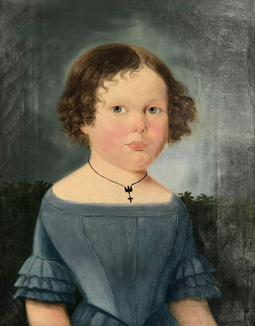 UNSIGNED (XIX). Half portrait of a girl. Biedermeier.: 38 cm x 30 cm. Painting. Oil on canvas. No signature found. The iron jewelry is remarkable. To be understood as a political symbol of the wars of liberation around 1813. German Description: UNSIGNIERT