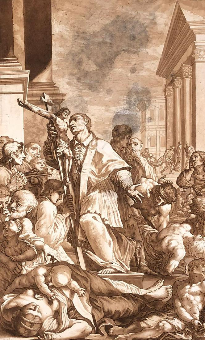 Johann Gottlieb PRESTEL (1739 - 1808). Heiliger findet: 46 cm x 29 cm. The lines probably aquatint gravure, then ink wiped on paper. Signed and dated 1780 lower left. German Description: Johann Gottlieb PRESTEL (1739 - 1808). Heiliger findet im Chaos Halt