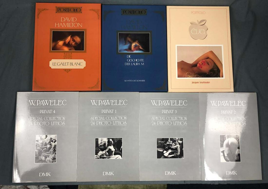 7 books. Erotic literature. Illustrated books.: W. Pawelec Volume 1 - 4, Jaques Bourboulon '' Portfolio '', David Hamilton '' The History of Laura M. '' and '' Legalet Blanc ''. German Description: 7 Bücher. Erotische Literatur. Bildbände. W. Paw