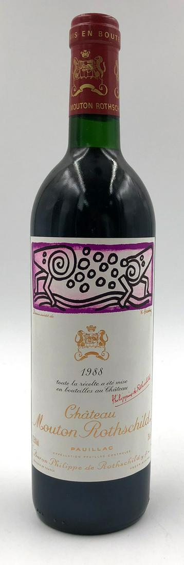 1988 Chateau Mouton Rothschild. A.C. Paullac. 1ere: A whole bottle. 12.5% ??vol. 75 cl. Mise en Bouteille au Chateau. Phillipe de Rothschild. Label by Keith Haring. Red wine. Bordeaux. France. German Description: 1988 Chateau Mouton Rothschild. A.C. Pa