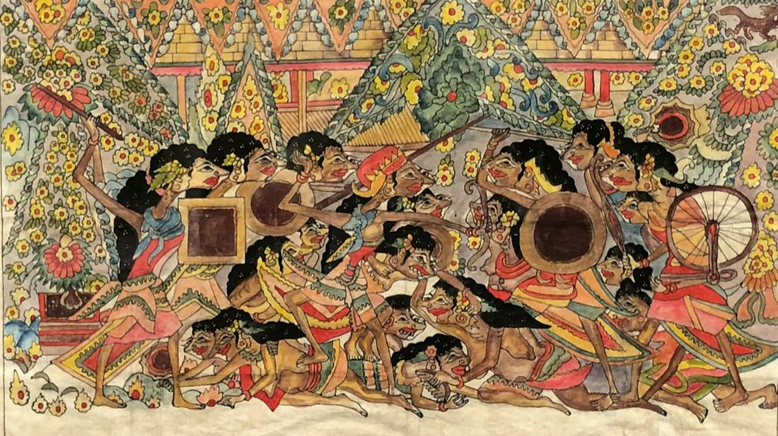 Painting. Probably Indonesia / Bali. Temple Picture.: 45 cm x 78 cm.