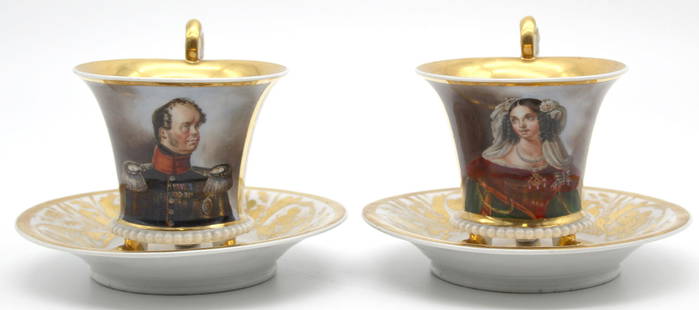 2 Empire portrait cups, Friedrich Wilhelm IV King of: Each 8 cm high. Portrait after Franz KRÜGER (1797 - 1857). Plus a portrait cup of his wife Elisabeth Ludovika, Princess of Bavaria. Mark. Porcellain. Matching saucers. Shipping of this object by
