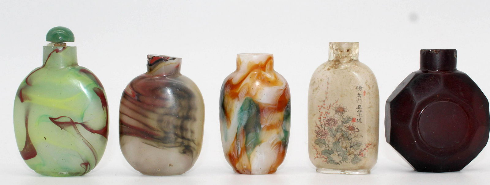 5 snuff bottles, probably glass partially painted. (1 of 8)
