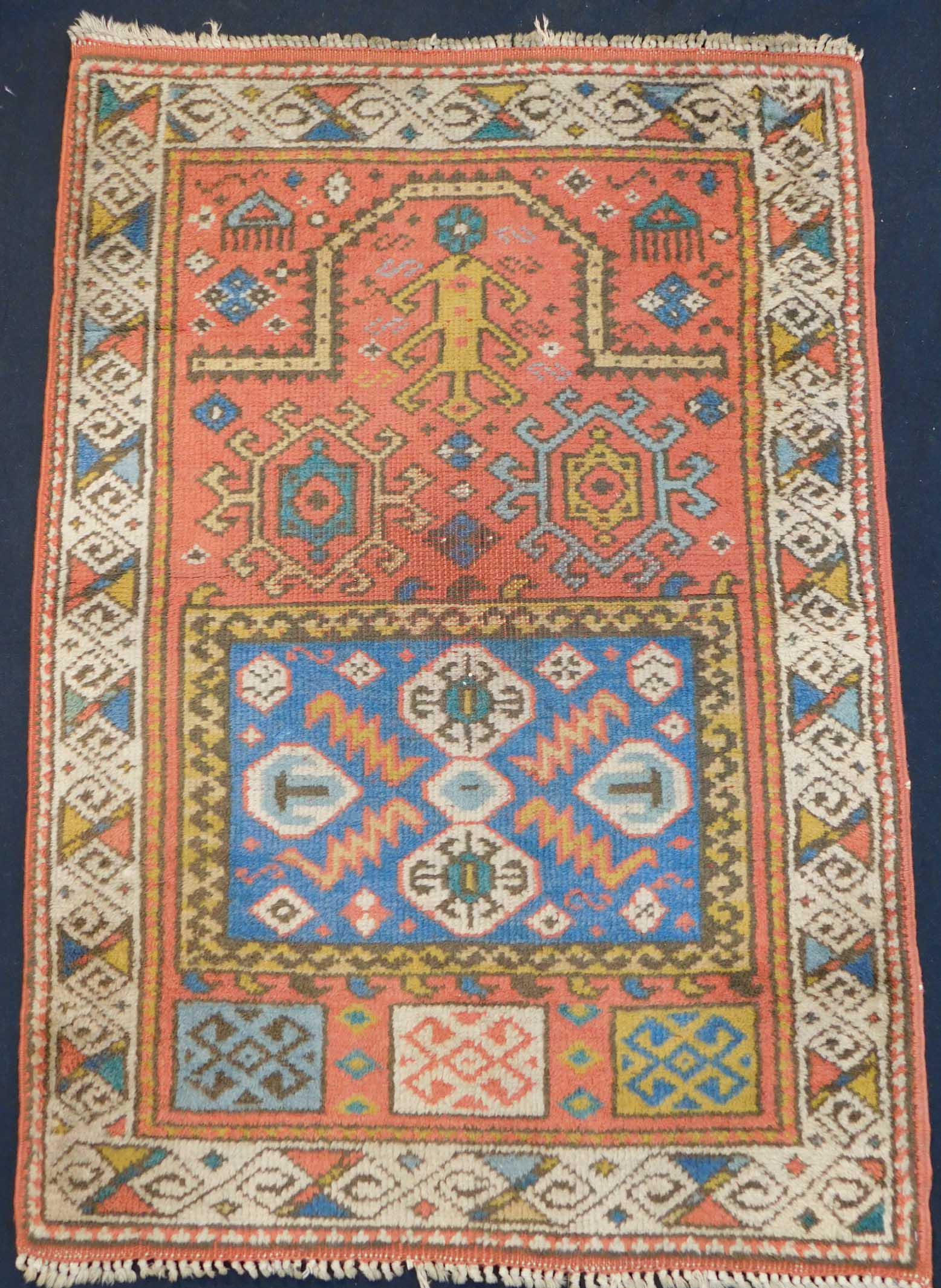 Kazak prayer rug. Europe. Around 100 - 150 years old.: 118 cm x 85 cm. Hand knotted. Wool on cotton. Verso old labels! Rug Shipping of this object by a third party possible. List of selected trusted shipping partners attached to each invoice. The auction 