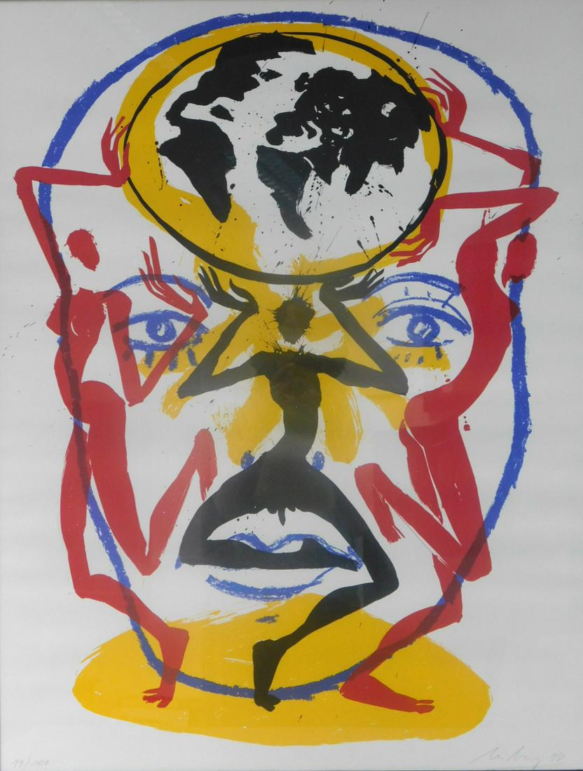 Helge LEIBERG (1954 -). "Kopfarbeit" (1998)./Helge: 90 cm x 70 cm. Serigraphy. Numbered in pencil 19/100, signed Leiberg and dated 98 lower left. Object can be shipped. 90 cm x 70 cm. Serigraphie. Nummeriert in Bleistift 19/100, signiert Leiberg und da