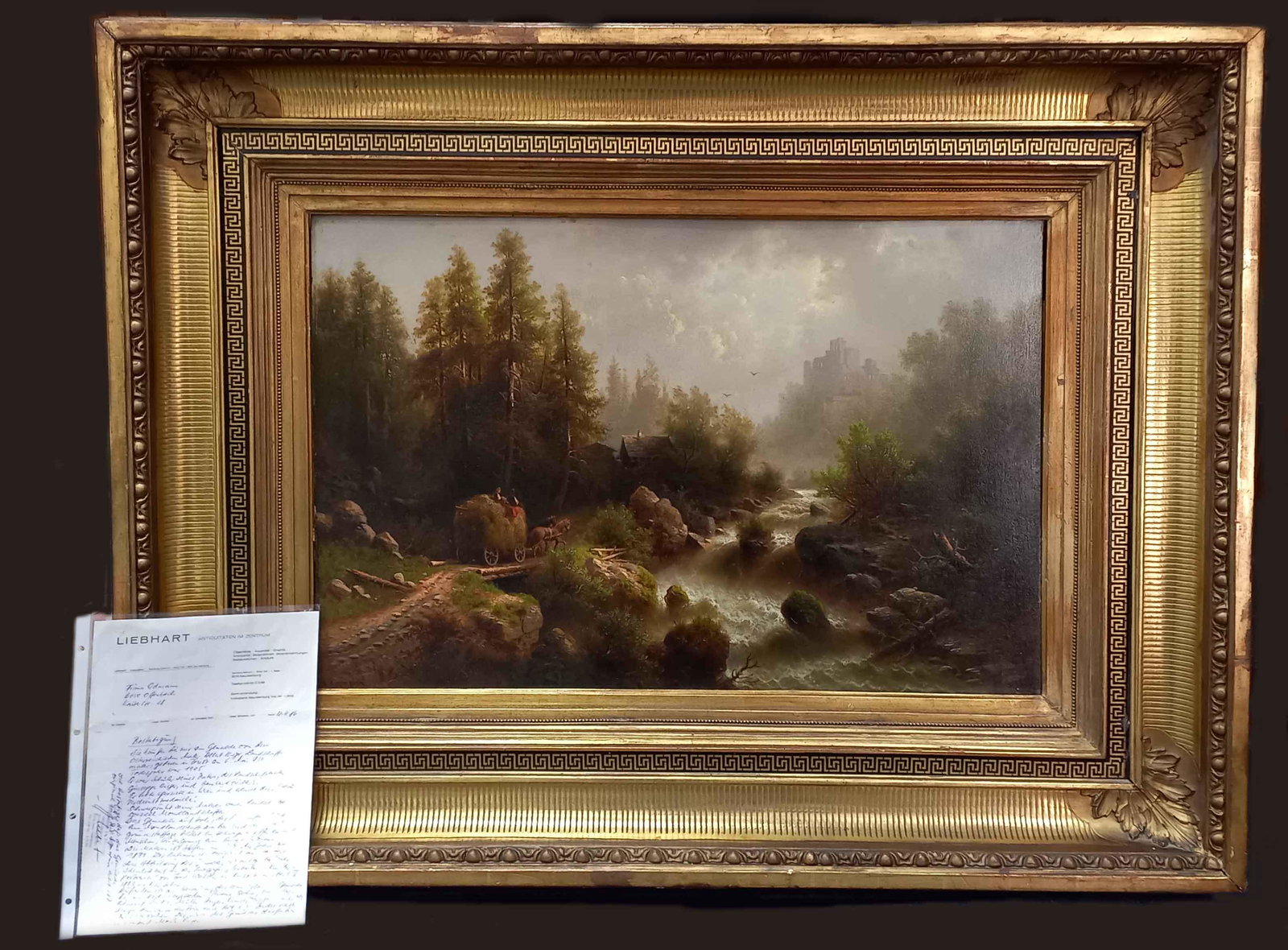 Albert RIEGER (1834 - 1905). Gebirgsbach mit Heufuhrwerk.: 50 cm x 73 cm. Gemälde. Öl auf Holz. Links unten signiert. Versand kann organisiert werden. Albert RIEGER (1834 - 1905). Mountain stream with hay feeder. Painting. Oil on wood. Signed at low