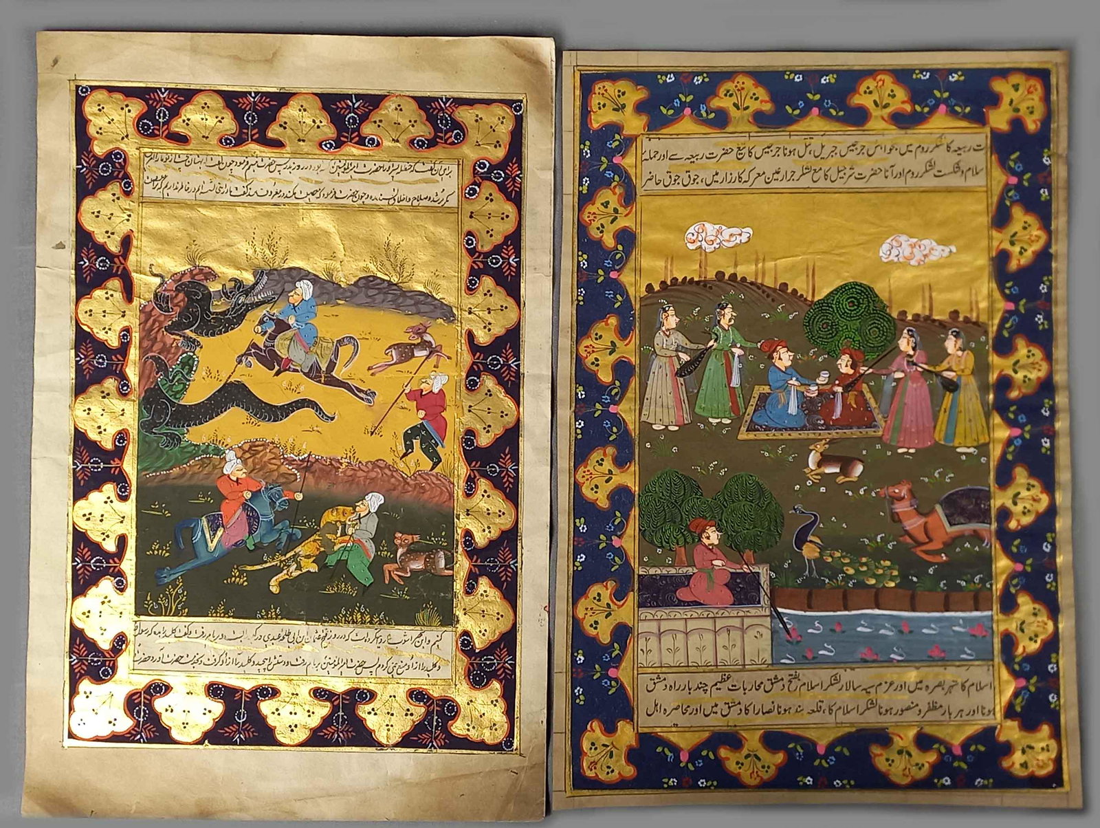 2 x Miniatur handgemalt. "Indra tötet Vritra" und "Besprechung".: Bis 33 cm x 21,5 cm Blattgröße. Wohl Indien oder Iran alt. Versand kann organisiert werden. 2 x miniatures hand painted. "Indra kills Vritra" and "Meeting". Probably India or Iran old. Shipp