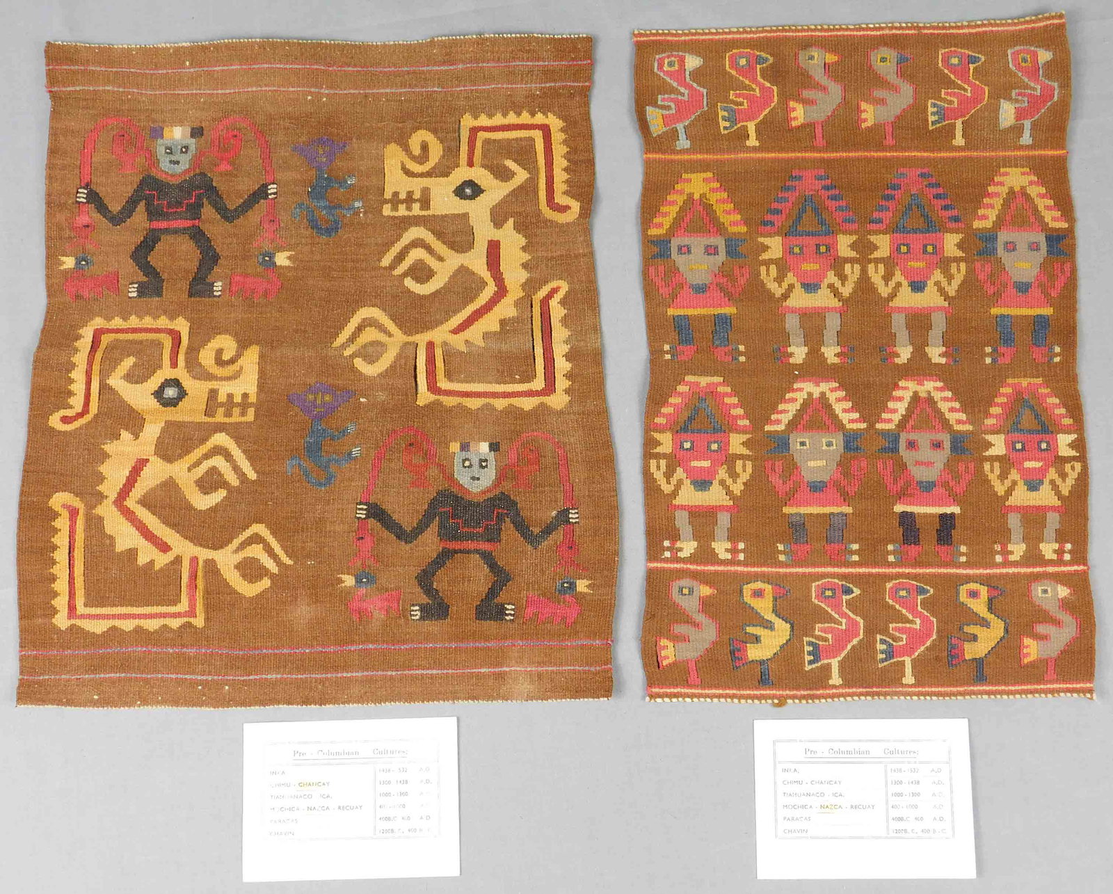 2 Flachgewebe: 700 - 900 nach Christus, Nazca, Peru.: 34 cm x 30 cm / 35 cm x 22 cm. Sehr fein Handgewebt - Wolle. Schlitzkelim. Privatsammlung erworben 1960 - 1964. Präkolumbianischen Textil, wohl Huari Kultur (700 A.D. bis 900 A.D). Versand kann o