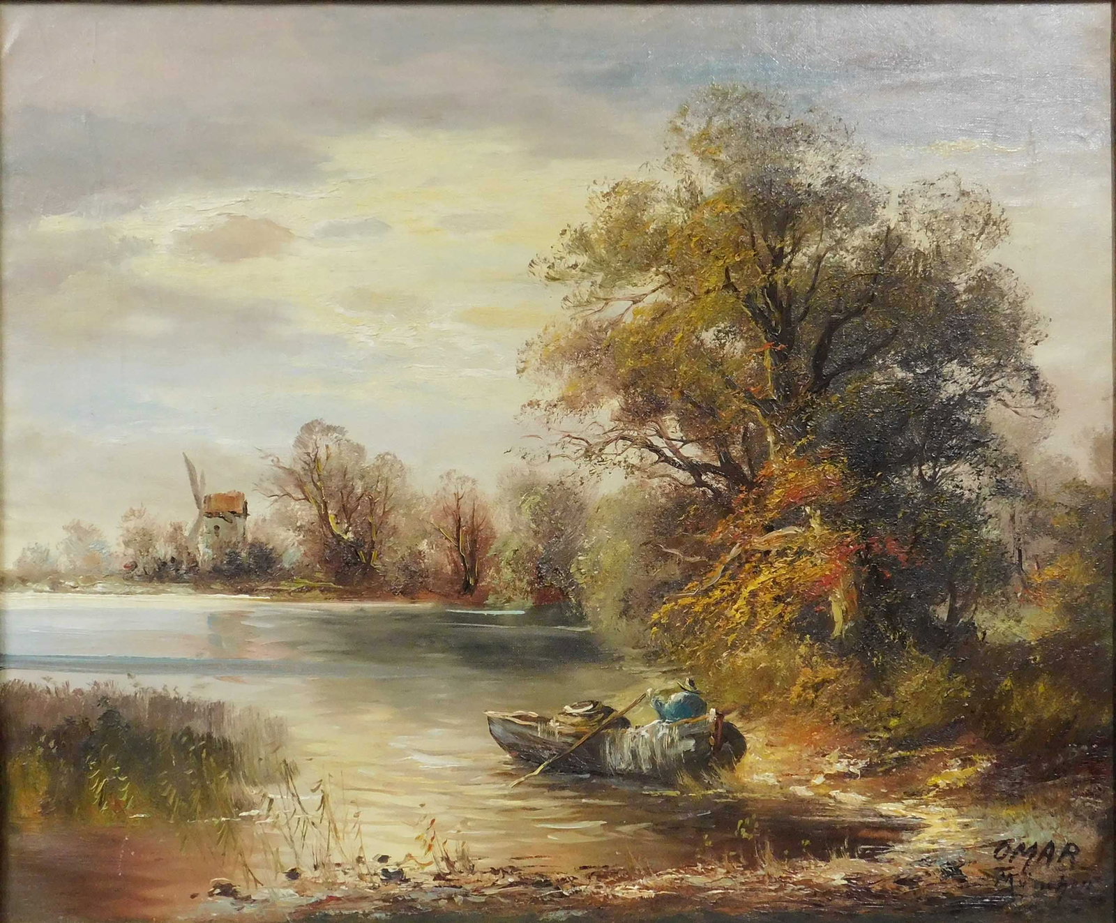 OMAR (XX). Fischerboot auf einem Altarm vor Windmühle.: 49 cm x 59 cm. Gemälde. Öl auf Leinwand. Rechts unten signiert. Versand kann organisiert werden. OMAR (XX). Fishing boat on a river in front of windmill. Painting. Oil on canvas. Signed lower right.