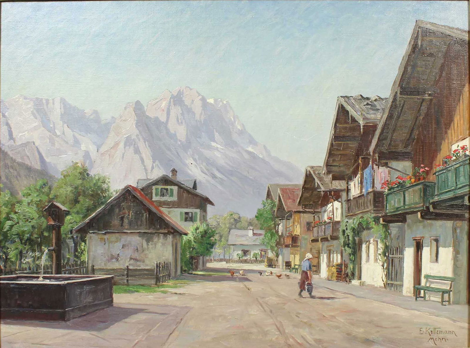 Erwin KETTEMANN (1897 - 1971). Blick von Garmisch-Partenkirchen auf die Zugspitze.: 60 cm x 80 cm. Gemälde. Öl auf Leinwand. Schnelle impressionistische Malweise. Teilweise mit Spachtel ausgeführt. Spätsommerstimmung. Links wohl der Wasser-Brunnen / Kreuzstraß