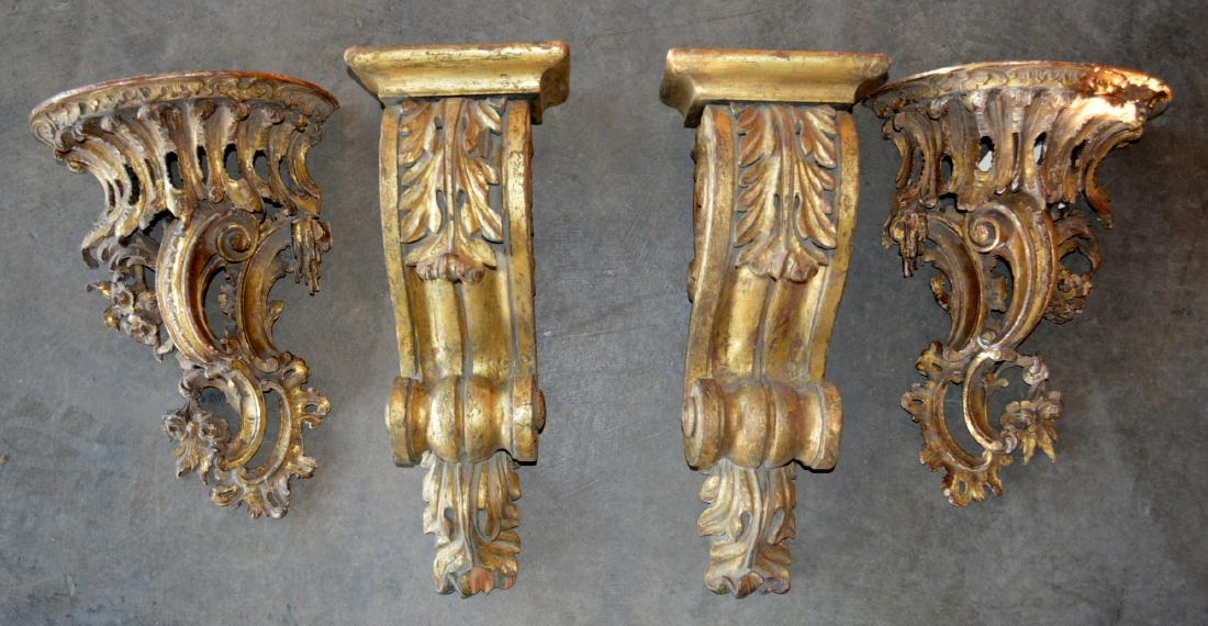 Grouping of 4 carved wood architectural elements in: Grouping of 4 carved wood architectural elements in original gesso and gilt including: 2 acanthus carved shelf brackets - 18"H - late 19th century - minor losses, and 2 half-round rococo wall shelves 