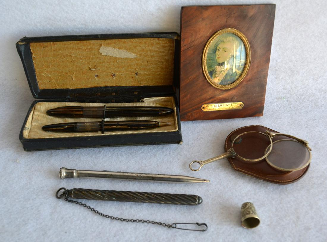 Grouping of 6 decorative items including a sterling: Grouping of 6 decorative items including a sterling silver lead pen signed Wahl Eversharp, a sterling silver thermometer case with original thermometer, a pair of 14k gold eye glasses (missing one len