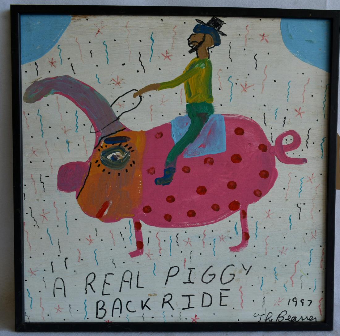 Outsider folk art, oil on plywood panel of man riding: Outsider folk art, oil on plywood panel of man riding pig entitled "A Real Piggy Back Ride" signed The Beaver 1997 (Robyn Beverland, Florida 1957-1998). Excellent condition.