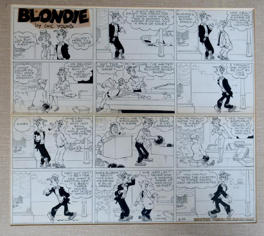 Chic Young (NY/Missouri 1901-1973). Original comic art: Chic Young (NY/Missouri 1901-1973). Original comic art pen and ink illustration for comic strip Blondie signed Chic Young 8-23. Dated 1964. Excellent condition. Size within mat 15" x 17".