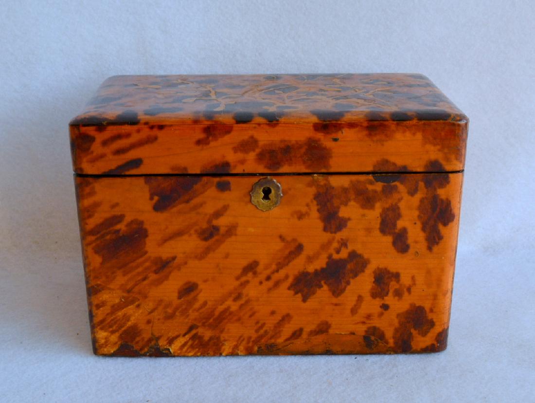 Oriental lacquered tea caddy decorated with faux: Oriental lacquered tea caddy decorated with faux tortoise shell design and hand painted leaves and tree branches - 2 matching interior compartments with lids – late 19th to early 20th century. Very