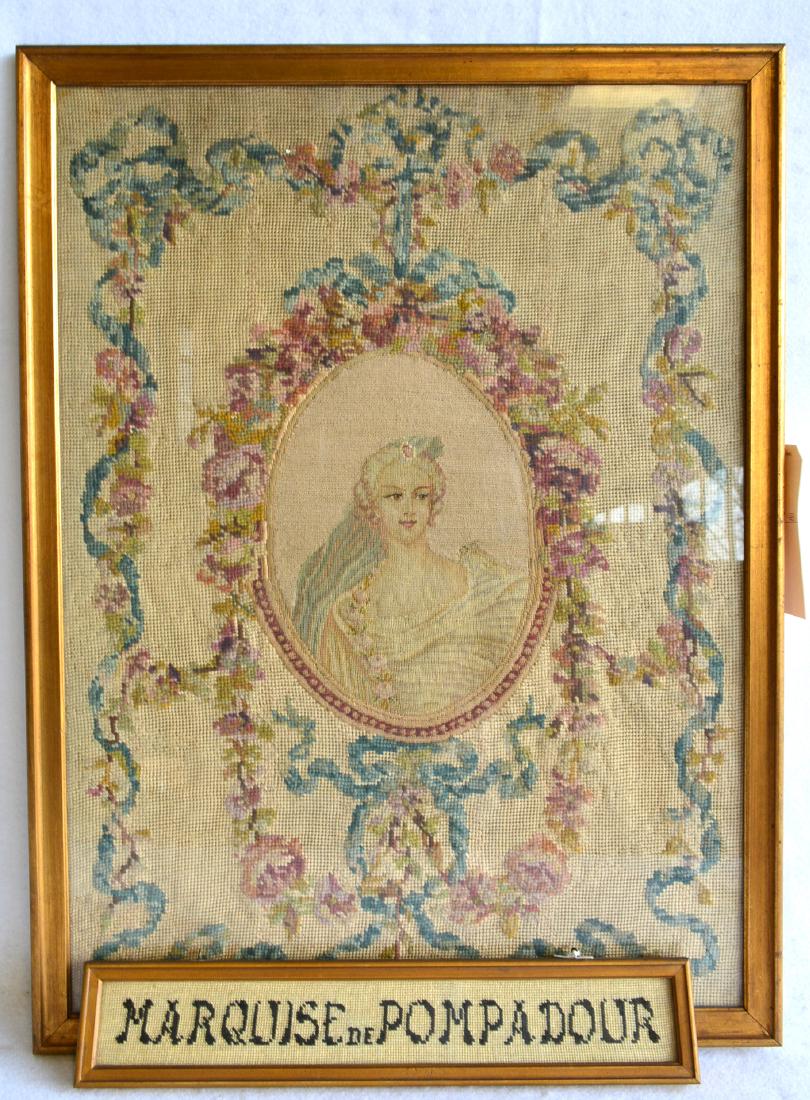 Needlepoint and pettipoint picture of Marquise de: Needlepoint and pettipoint picture of Marquise de Pompadour. 25" x 18.5". Very good condition.