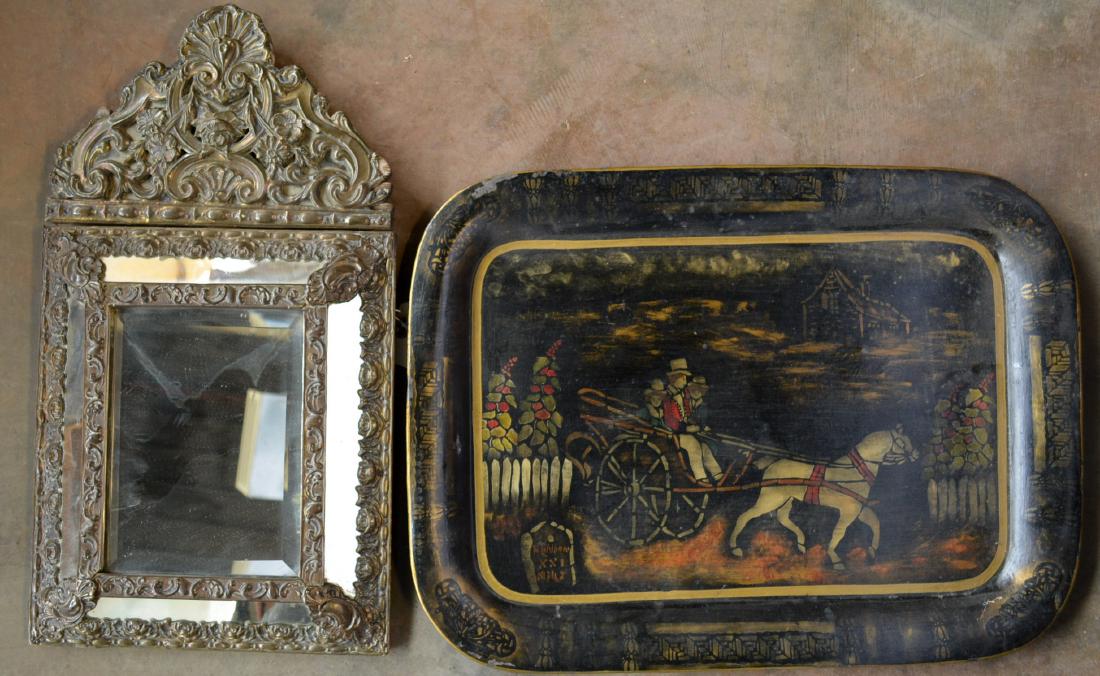 Three country primitives.: Three country collectibles including an ornate Queen Ann style pressed copper mirror – continental, early 19th century – 23"H x 12.5"W; a hand painted and stenciled toleware memorial tray depictin