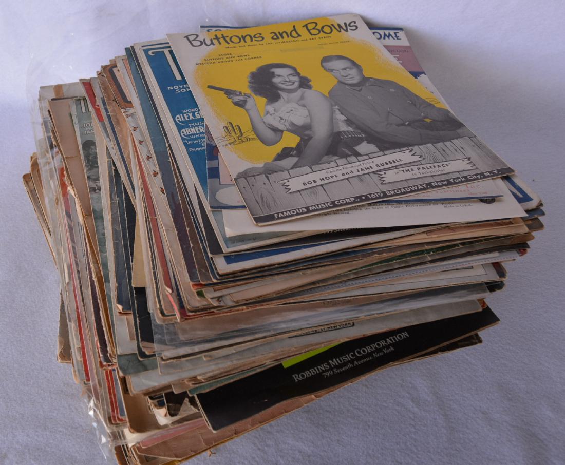 Large grouping of early sheet music, including WW I: Large grouping of early sheet music, including WW I related patriotic songs, Broadway Shows, ethnic covers and movie star related, e. g. Bob Hope, Jane Russell, et. al. Classical stars including Al Jo