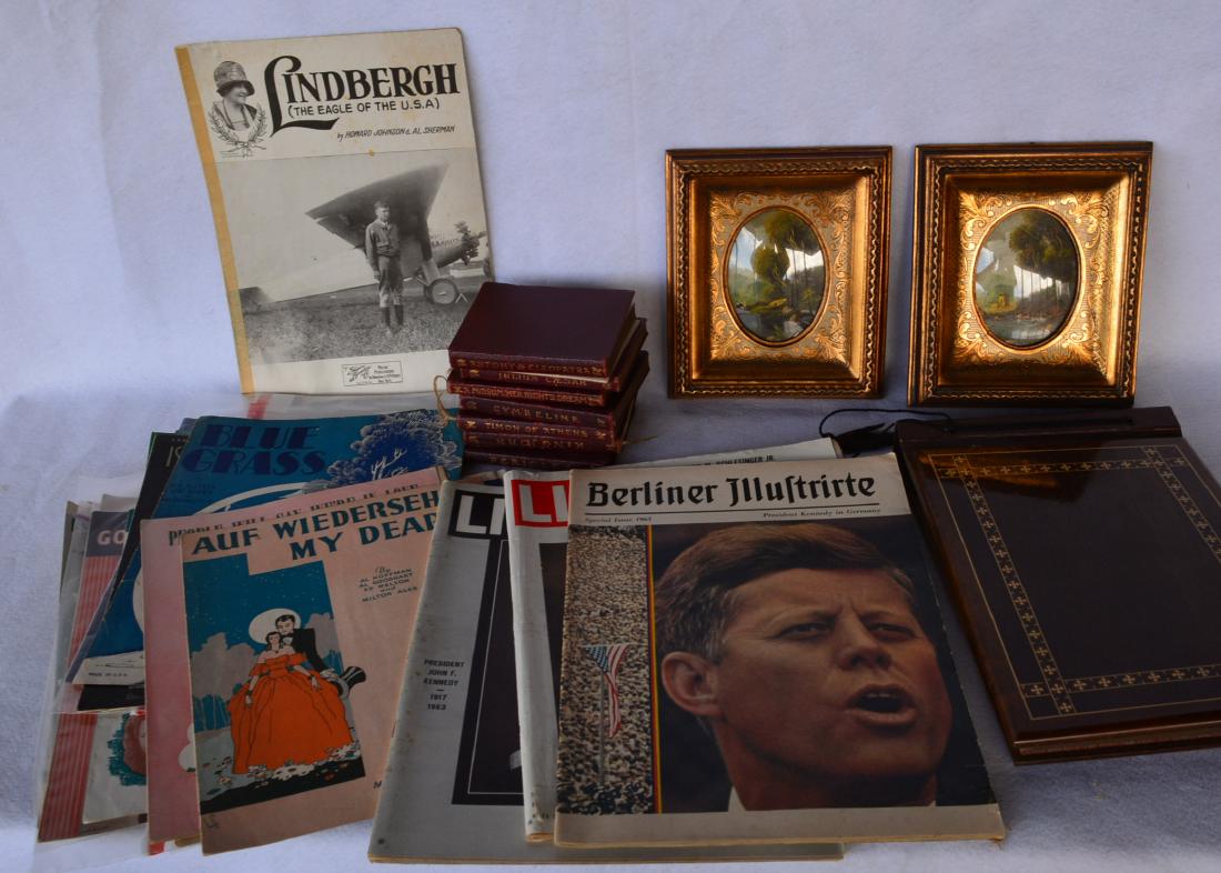 Grouping of 2 small framed early to mid 20th century: Grouping of 2 small framed early to mid 20th century landscapes, empty vintage photo album, small quantity of sheet music from the 1920's, and several Kennedy Life magazines. All in good condition.