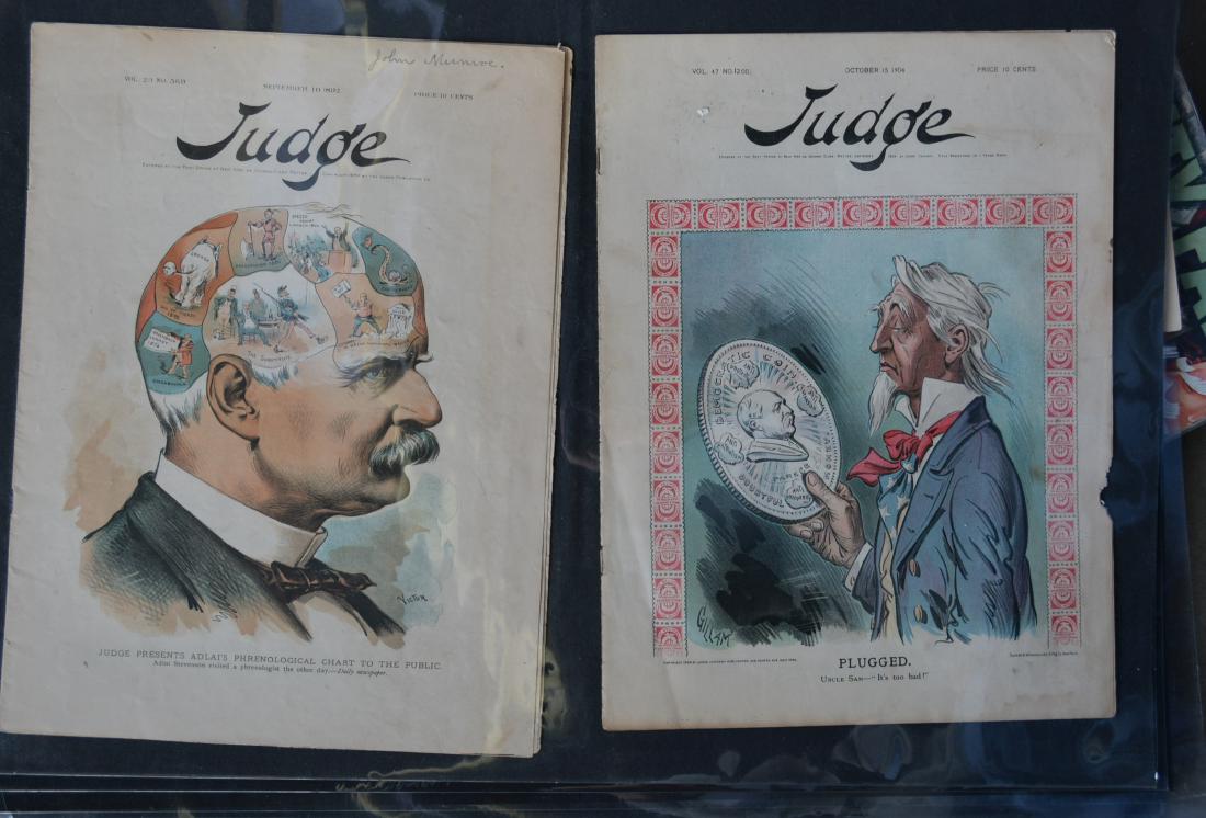 An album of mostly old newspapers, magazine, and comic: An album of mostly old newspapers, magazine, and comic cutouts including large folio Harpers Weekly Newspaper covers and engravings, several Punch, Judge & Puck political magazines late 19th to early 