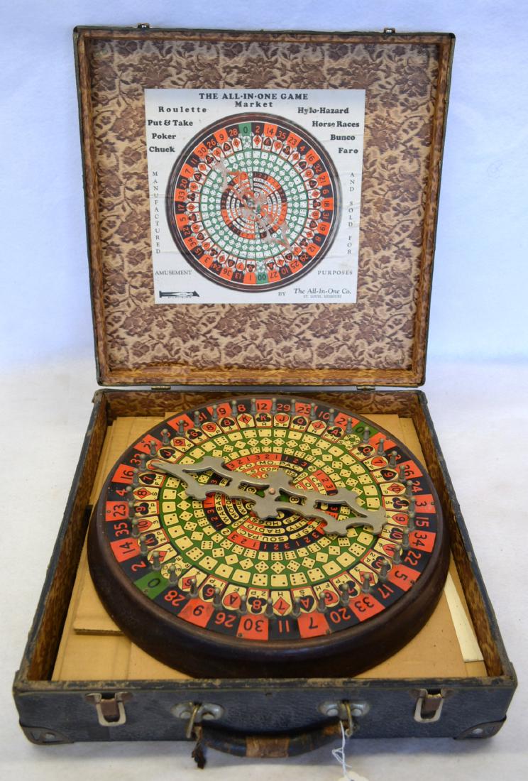 "The All In One Game" manufactured by The All In One: "The All In One Game" manufactured by The All In One Company. St. Louis, Missouri . The set includes the All In One Game graphic game wheel consisting of a large lithographed tin dial with dice, numbe