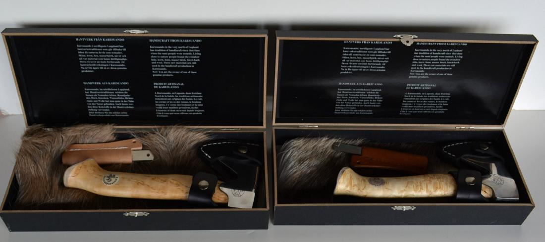 Two Karesvando Kniven Unna Aksu (hunter's Axe) in: Two Karesvando Kniven Unna Aksu (hunter's Axe) in original boxes - both unused in like new condition. 9"L. Each sells for about $200 each. The following was taken from the Karesvando web site "Karesua