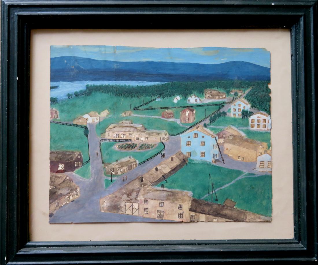 Primitive W/C of town on river, probably Hudson River, (1 of 3)