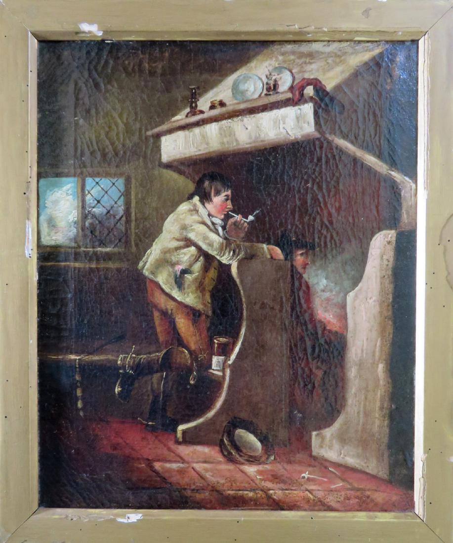 O/C Tavern scene with man smoking pipe near fireplace.: O/C Tavern scene with man smoking pipe near fireplace. Late 18th to early 19th century. One small repair bottom right corner, else very good condition. 13” x 16”.