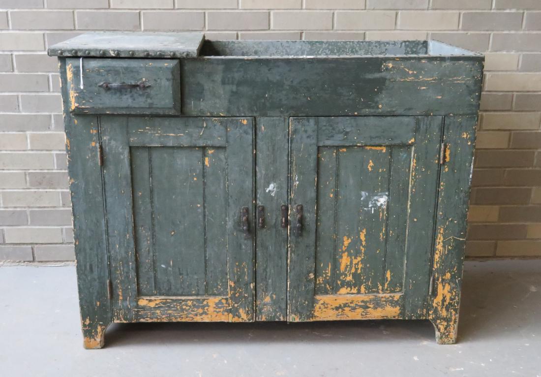 Primitive dry sink in old green paint over a mustard (1 of 9)